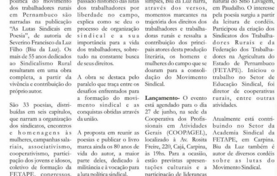 EM FORMA DE POESIA, SEU BIU DA LUZ CONTA A HISTÓRIA DO MOVIMENTO SINDICAL RURAL EM PERNAMBUCO