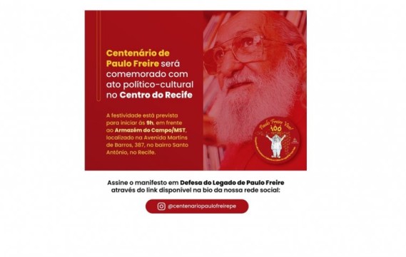 Ato político-cultural no Armazém do Campo em Recife comemora centenário de Paulo Freire
